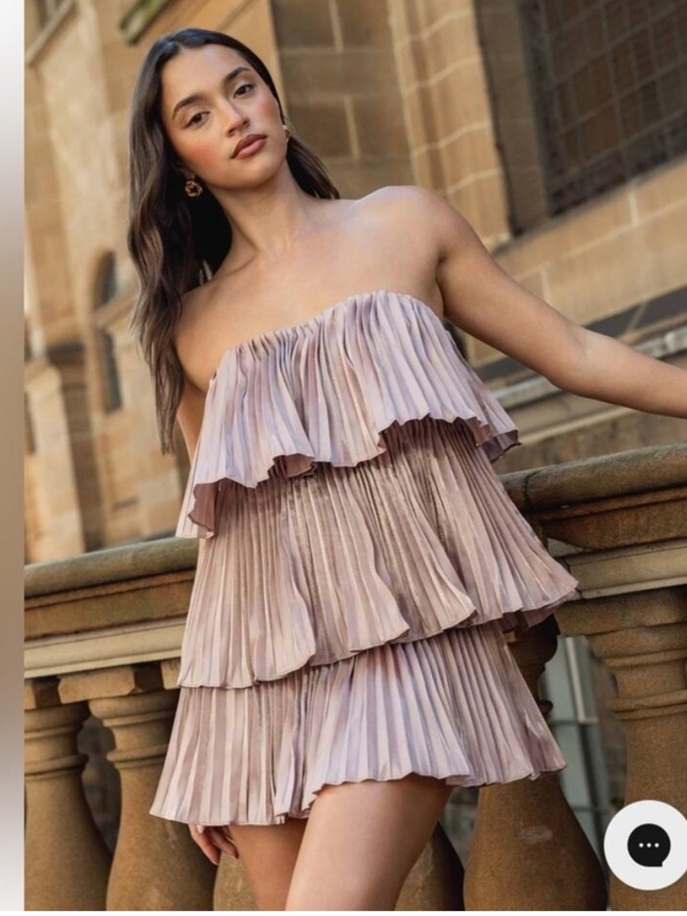 Elliatt Strapless Metallic Pleated Tiered Dress — Rose Gold